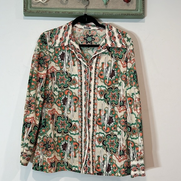 Vintage 1970s PYKETTES all over print long sleeve button-down blouse women’s - Picture 1 of 8
